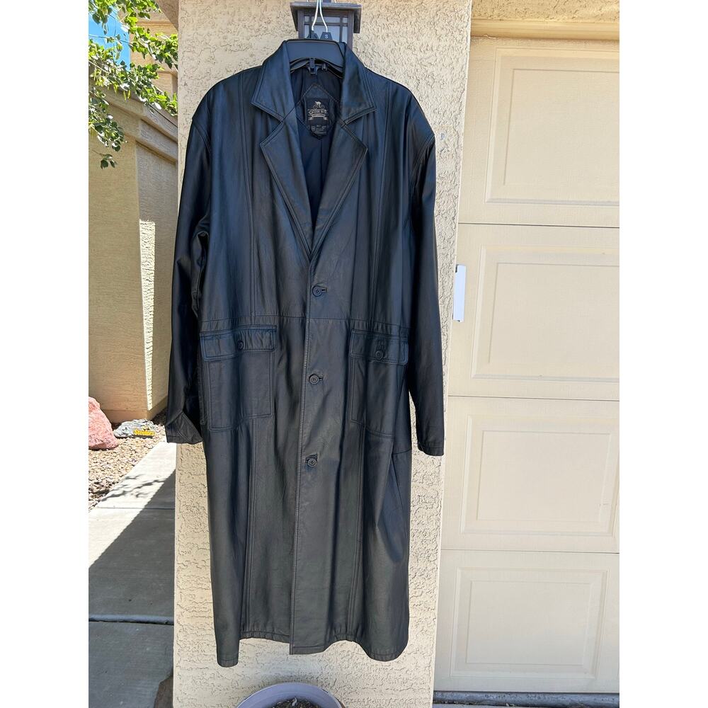 VTG Y2K Men’s XLT 100% Leather Full Length Trench Coat Jacket Black Pockets Tall - Picture 2 of 5